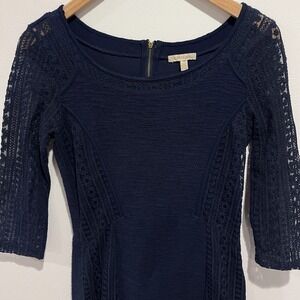 Bordeaux Womens Sheer Lace Dress Small 3/4 Sleeve Fitted Elegant Navy Blue
